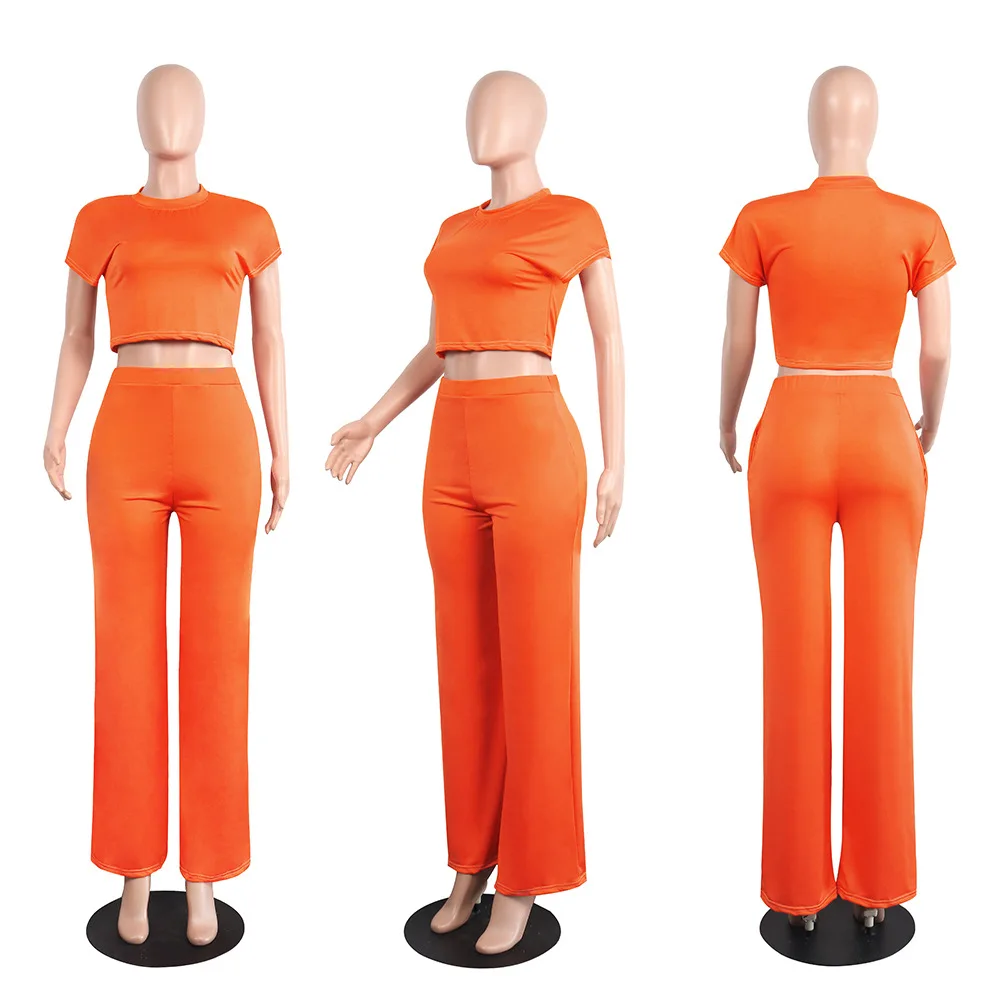 

Europe's new casual solid color fashion two piece set slim o-neck short sleeve T-shirt and trousers women's suit