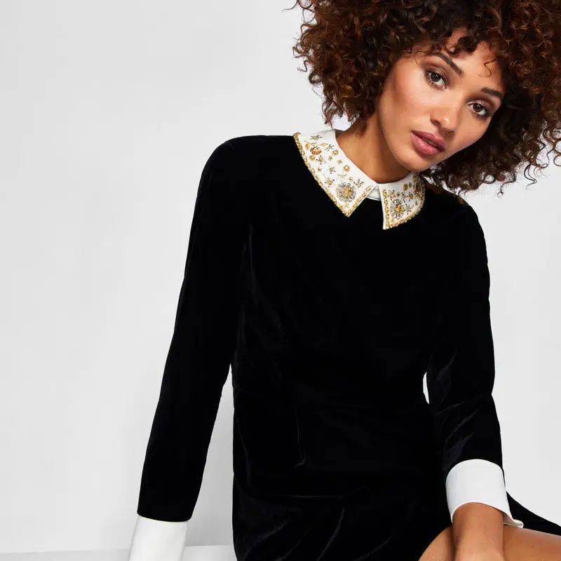 Новый Вырез Стразы вельветовое платье для женщин s Тонкий Длинные рукава