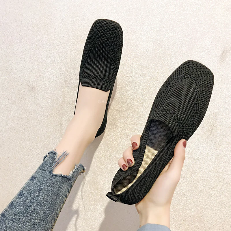 

2021 Plus Size Spring New Ballet Flats Women Square Toe Knit Fabric Loafers Breathable Flat Heel Drive Shoes Driving Sneaker