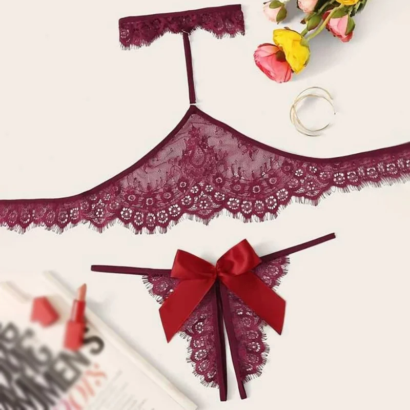 

Sexy Lace Split Neck Hanging Women's Three-point Two-piece Suit Perspective Hollow Out Bra Thong Set Underwear