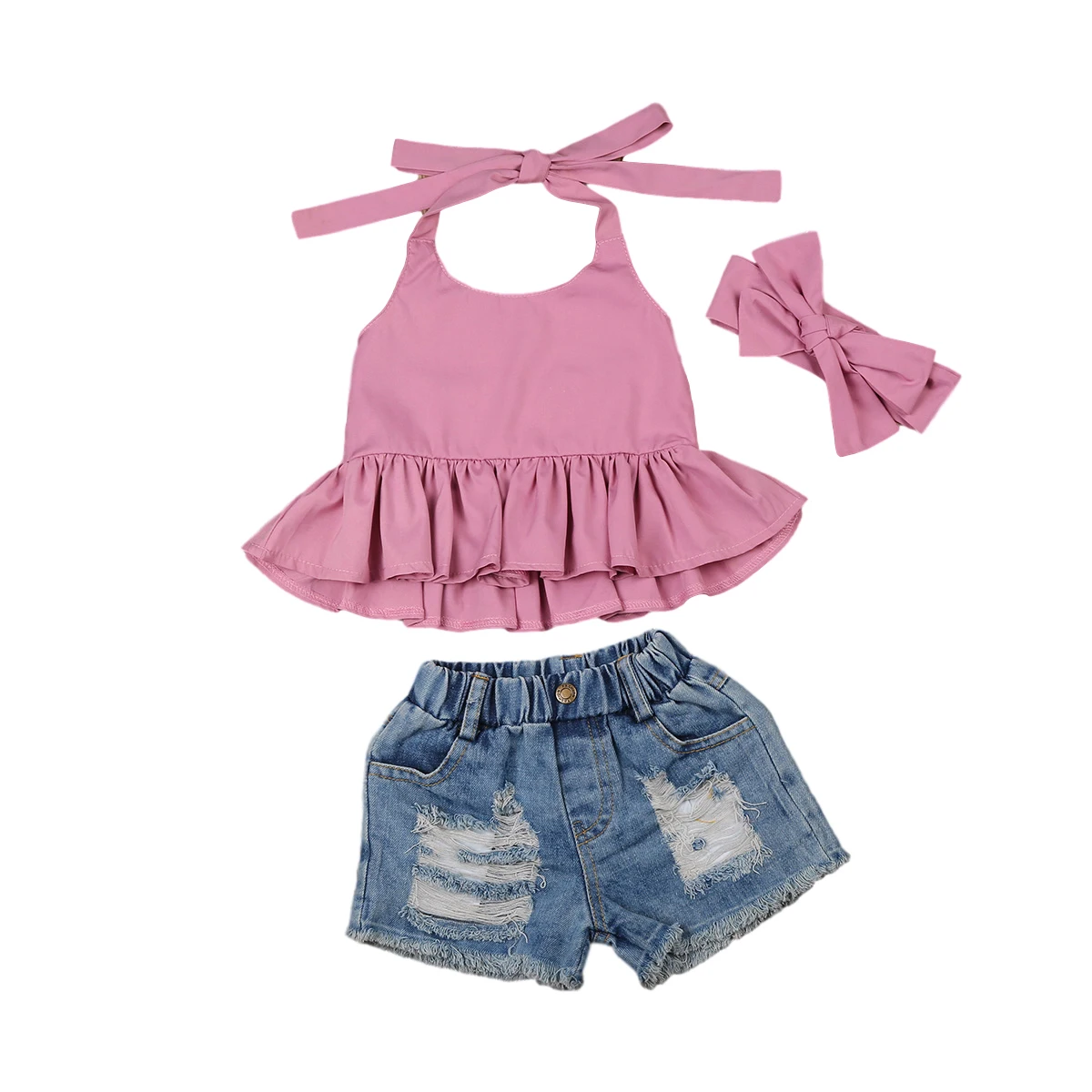 

1-6Y Kids Girls 2 Pieces Sleeveless Halter Blouse Tops + Denim Shorts Toddler Children Clothing Summer Clothing