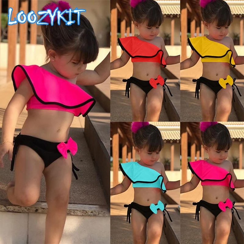 

Summer Baby Kids Girl Two Piece Swimsuit Child Swimwear Ruffles Bow Water Sports Bikini Shoulder Beach Bathing