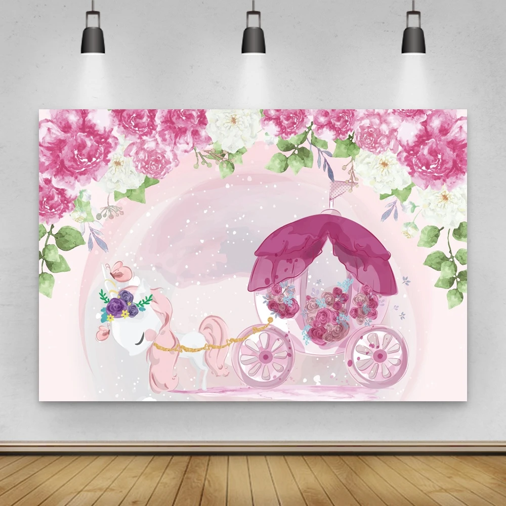 

Laeacco Pink Watercolor Flowers Cartoon Unicorn Princess Baby Shower Photography Backdrop Party Photo Background Photo Studio