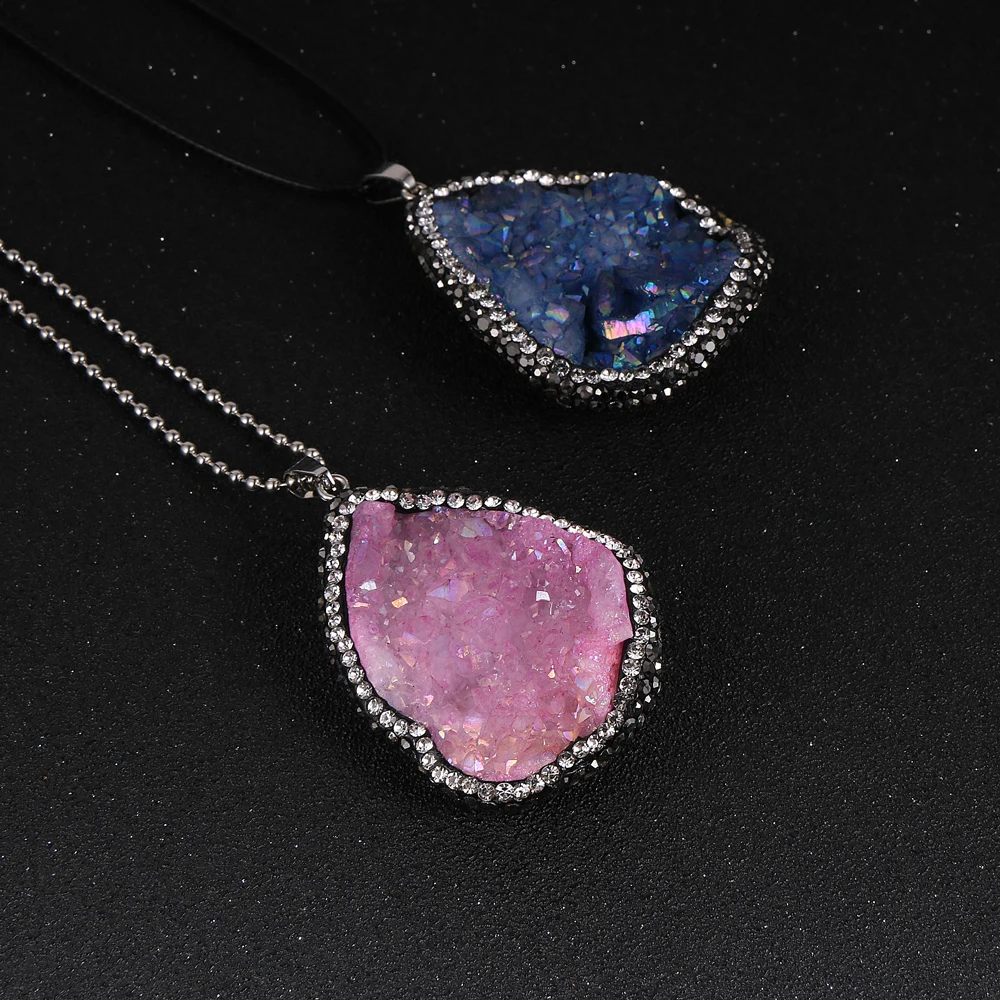 Женский Большой кулон из натурального камня розовый красный синий кристалл