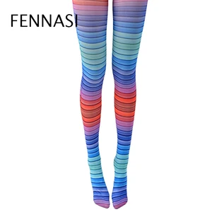 Пикантные цветные колготки FENNASI с радужным рисунком для танцев, модные клейкие женские колготки в горизонтальную полоску, красивые колготки в стиле харадзюку