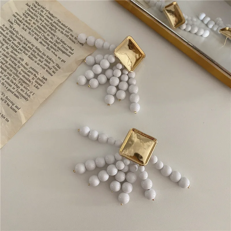 

Korea New Design Fashion Retro Beaded Big Earrings Irregular Exaggerated Metal White Tassel Pendant For Women Halloween Jewelery