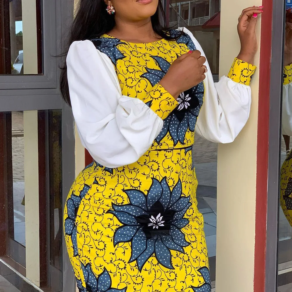 

Vintage African Women Mermaid Dress Floral Patchwork Lantern Sleeve Round Neck Midi Dresses Color Block Oversize Robes Female