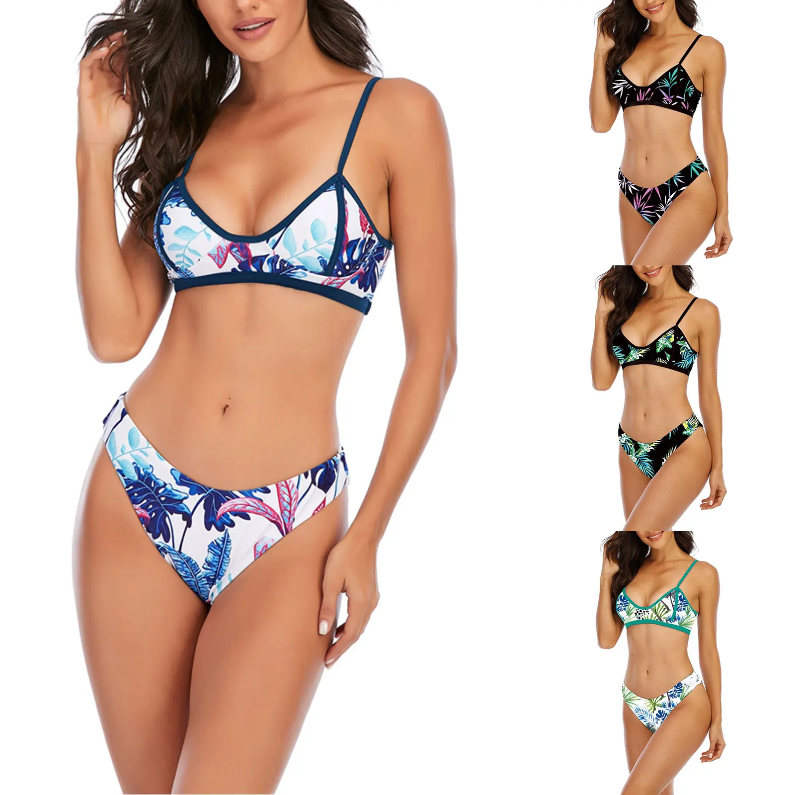 

Women's Sexy Pattern Printing Bikini, Sleeveless Sling Tops Briefs Swimsuit, Classic Bare Midriff Low Collar Set