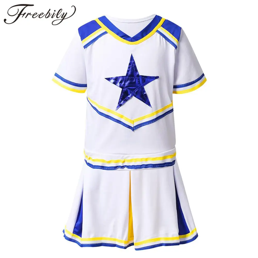 

Children Girls Cheerleader Costume Cheerleading Uniiforms Short Sleeves Tops Pleated Skirt Girl School Stage Performance Outfit