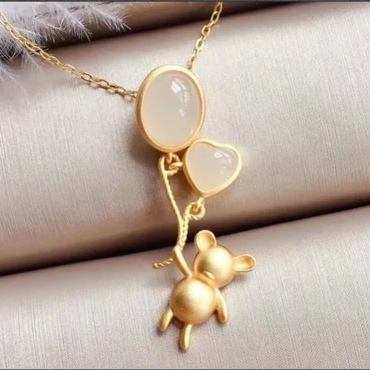 

Natural Hetian White Jade Jasper 925 Sterling Silver Inlaid Clavicle Chain Love Balloon Bear Pendant Q Cutie Cute Simple