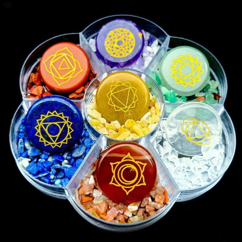 

7 Chakra Stone Reiki Balancing Tumble Chip Crystal Healing Reiki Wicca Stones Kit Polished Engraved Palm Pocket Stones