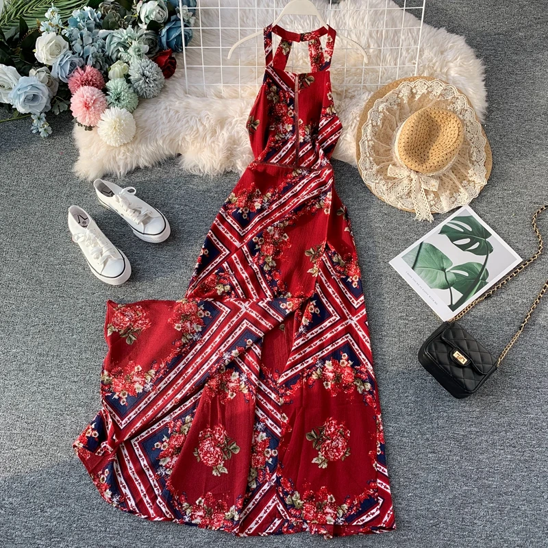 Женское пляжное сексуальное платье с вырезом на шее и открытой спиной женское