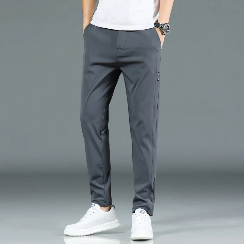 

2021 Brand New Spring Summer Ice silk Men's Casual Pants Slim Pant Straight Thin Trousers Male Fashion Stretch Khaki Jogging 38