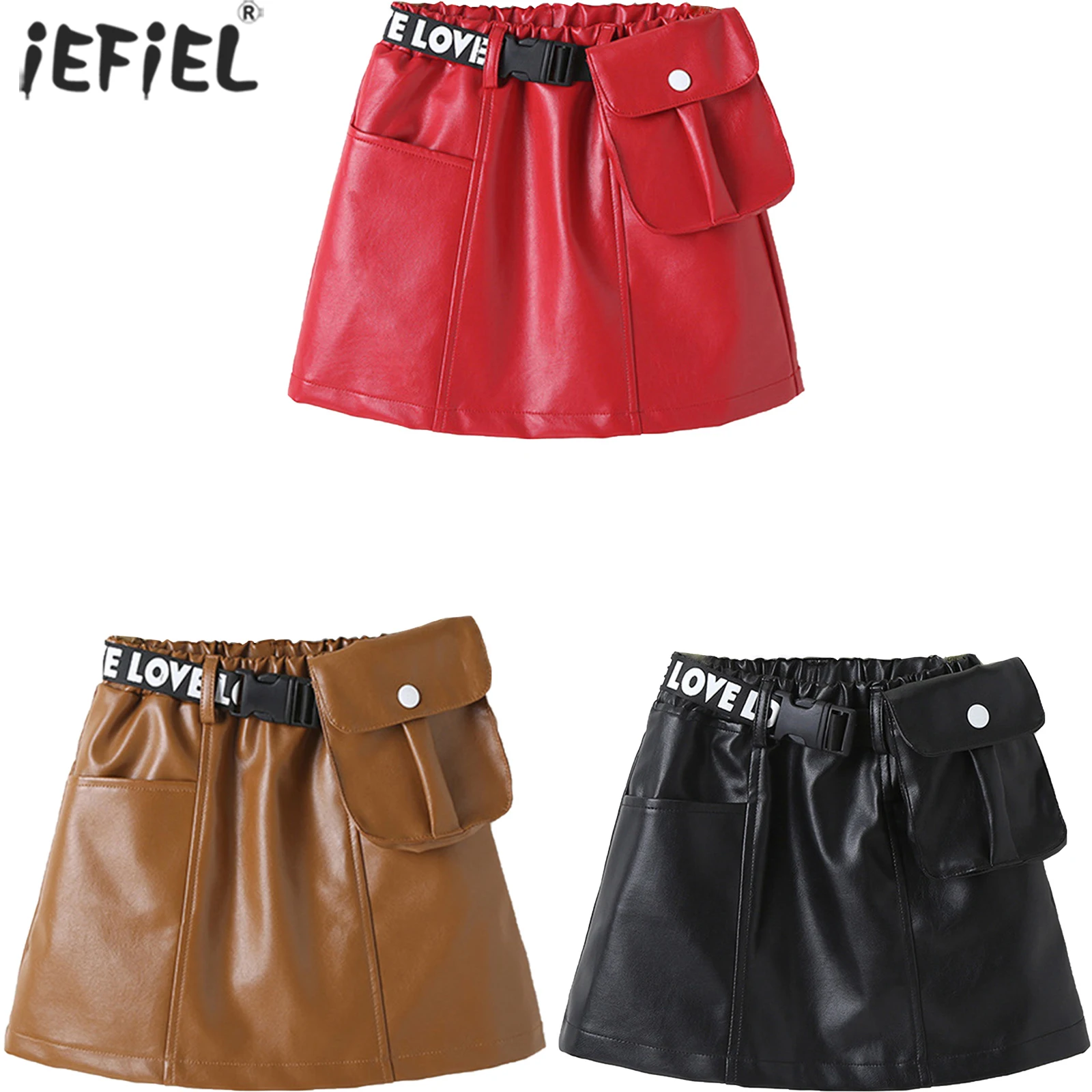 

Детская Демисезонная юбка из искусственной кожи для девочек с поясом с буквенным принтом, Детская короткая юбка, модная детская одежда