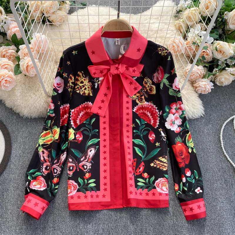 

Spring Autumn New Temperament Bowknot Printed Shirt Female Lapel Fashion Bohemian Loose Slim Top Women Blouses UK768