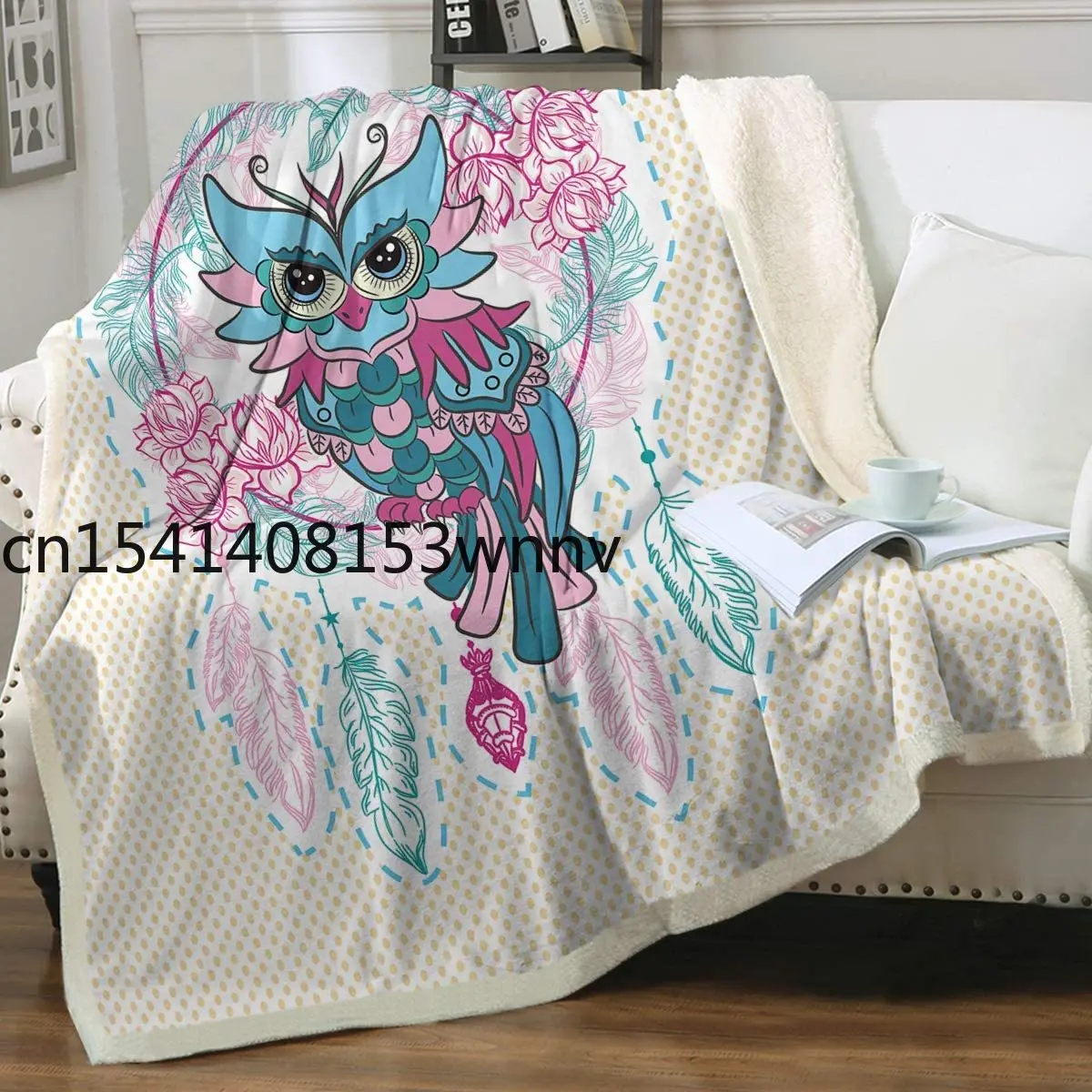

Флисовое одеяло с изображением совы, Ловец снов, шерпы, королевы, бохо, Цветочные Перья «Ловец», плюшевое одеяло в стиле бохо, шикарное мягко...
