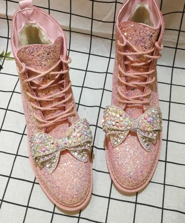 Стразы и бантом для девочек сезон весна тонкие блестки прилив бренд ботинки
