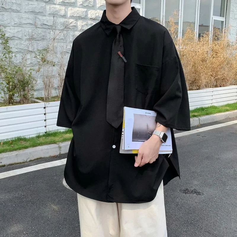 

Oversized 3XL White Short Sleeve Shirts Men Pocket Loose Simple Chic Japanese Style Harajuku Solid New Casual Streetwear Tops