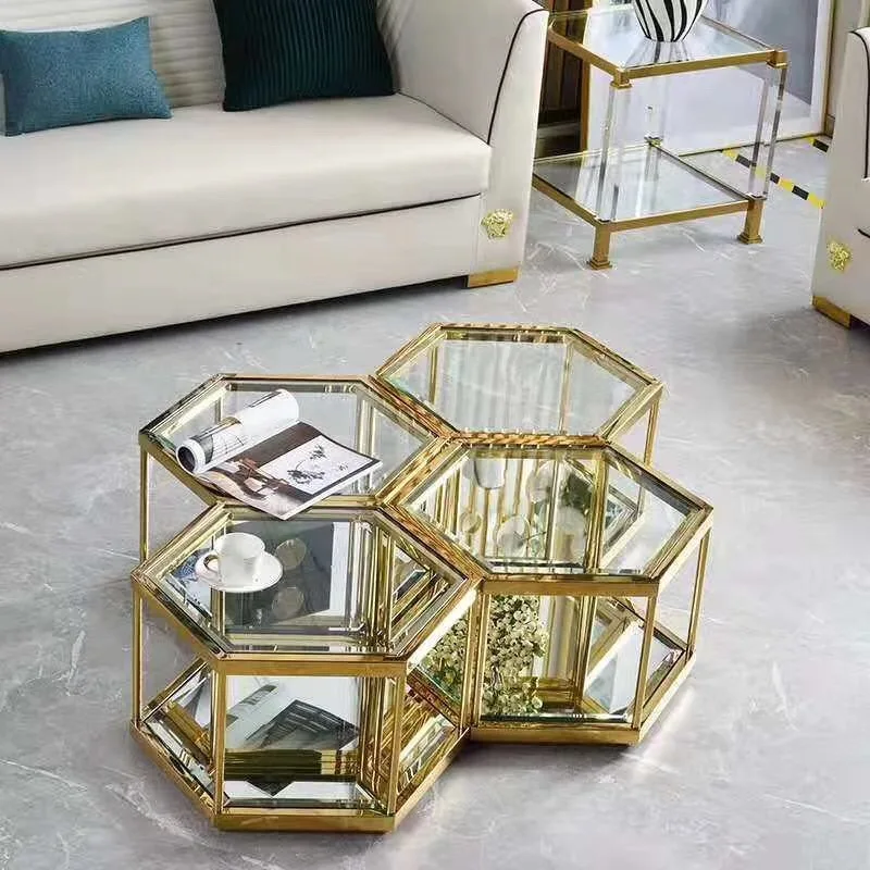 

New Style Stainless Steel Golden Coffee Table For Living Room Glass Center Table Set New Design Furniture