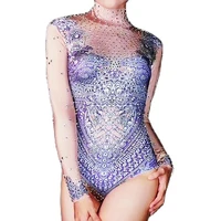 purple pattern printing rhinestones backless bodysuit women ladies dance show wear nightclub performance uniform costumes
