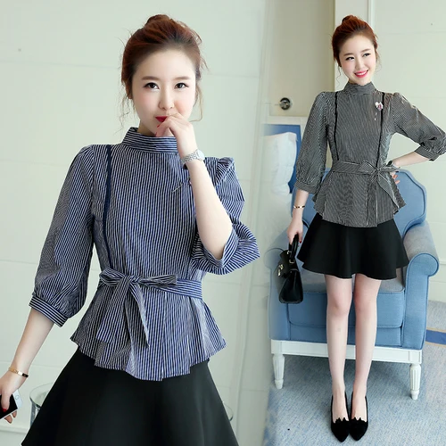 Женская Новинка 2017 модная блузка с воротником стойкой полосатая блуза коротким
