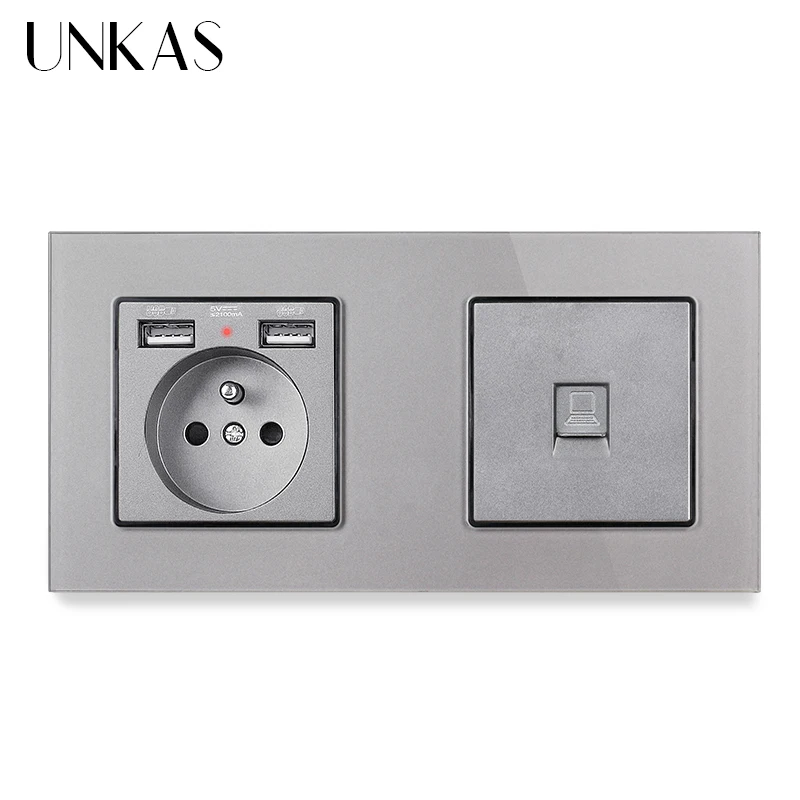 Настенная розетка UNKAS серая стеклянная панель французская стандартная с 2