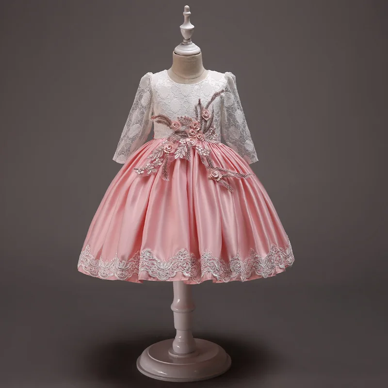 

New Girls' Long Sleeved Princess Dress Lace Birthday Dress Three-dimensional Flower Bone Edge Fluffy Skirt Silk and Satin Skirt