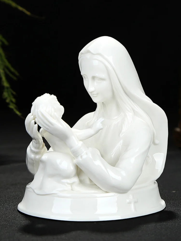 

Beautiful icon of Virgin Mary Catholic Holy Bible prayer beads ceramic ornament white porcelain Madonna Christ Child Sculpture