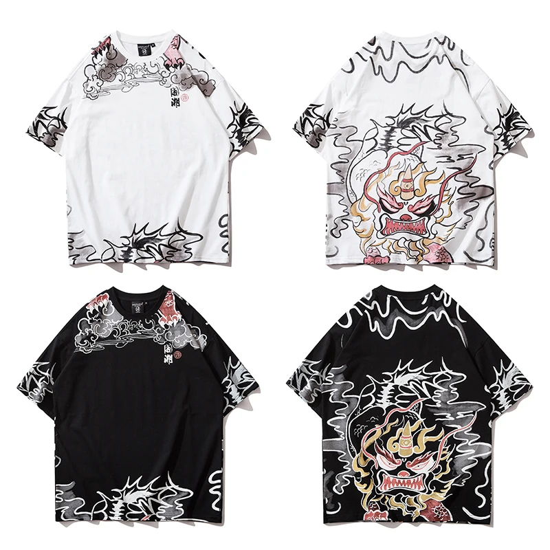 

Hip Hop Oversized T Shirt Men Dragon Graffiti Print Summer Short Sleeve Tops Tees Casual Loose Cotton T-shirt Black White