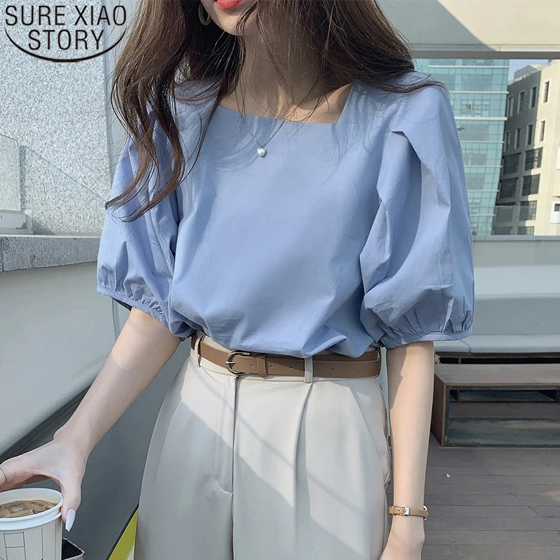 

Short Lantern Sleeve Casual Shirt Blusas De Mujer Womens Tops Blouse Summer Korean Simple Fashion Square Collar White 14608