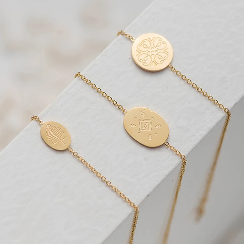

Bohemian Simple Round Bracelets For Women Gold Charm With Leaf Sun Flower Pattern Geometric Bracelets Stainless Steel Jewelry