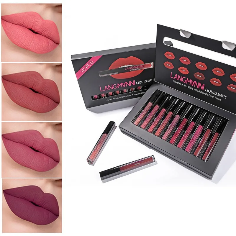 10 шт Бархатный матовый блеск для губ Набор стойкая водостойкая антипригарная