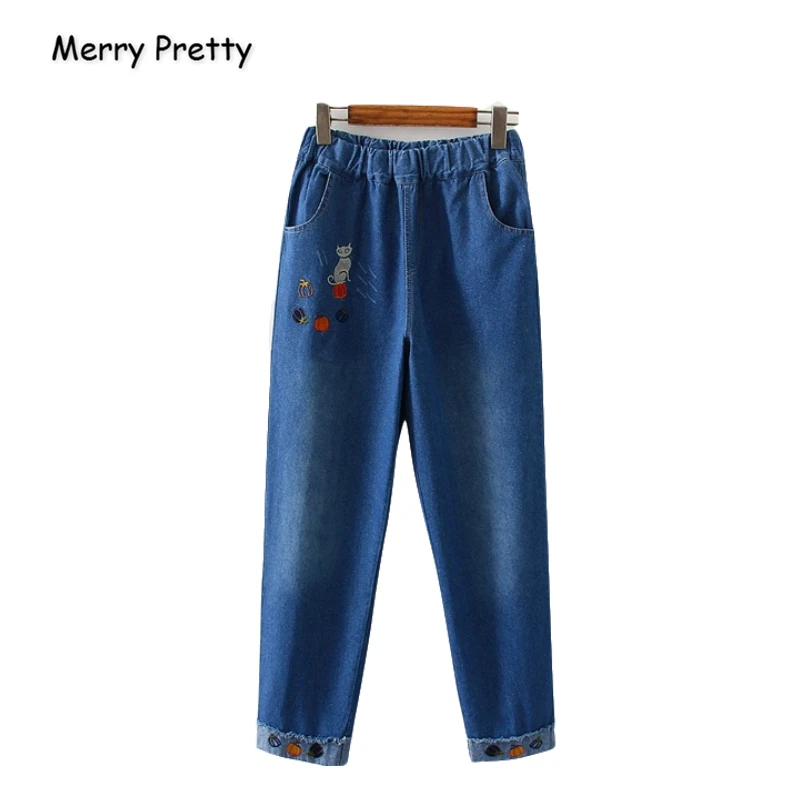 

Merry Pretty Women Jeans Pants Cartoon Cat Embroidery Pockets Denim Pants Elastic Waist Straight Harajuku Jean Pants Girl Jeans