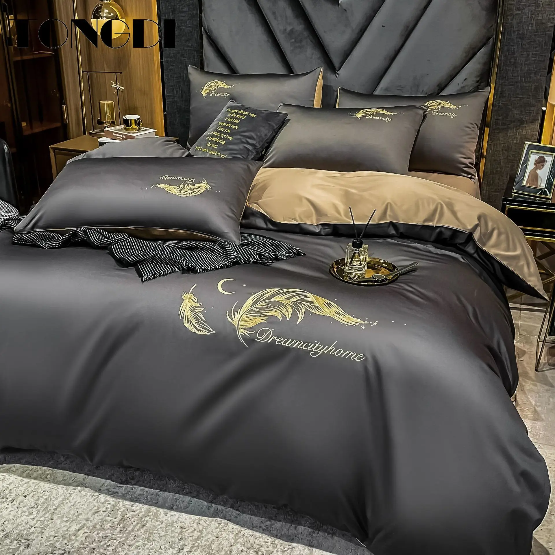 

TONGDI Bedding Set Printed White Grey Silky Soft Egyptian Cotton Queen King Size 4Pcs High Quality For Hotel and Home Summer