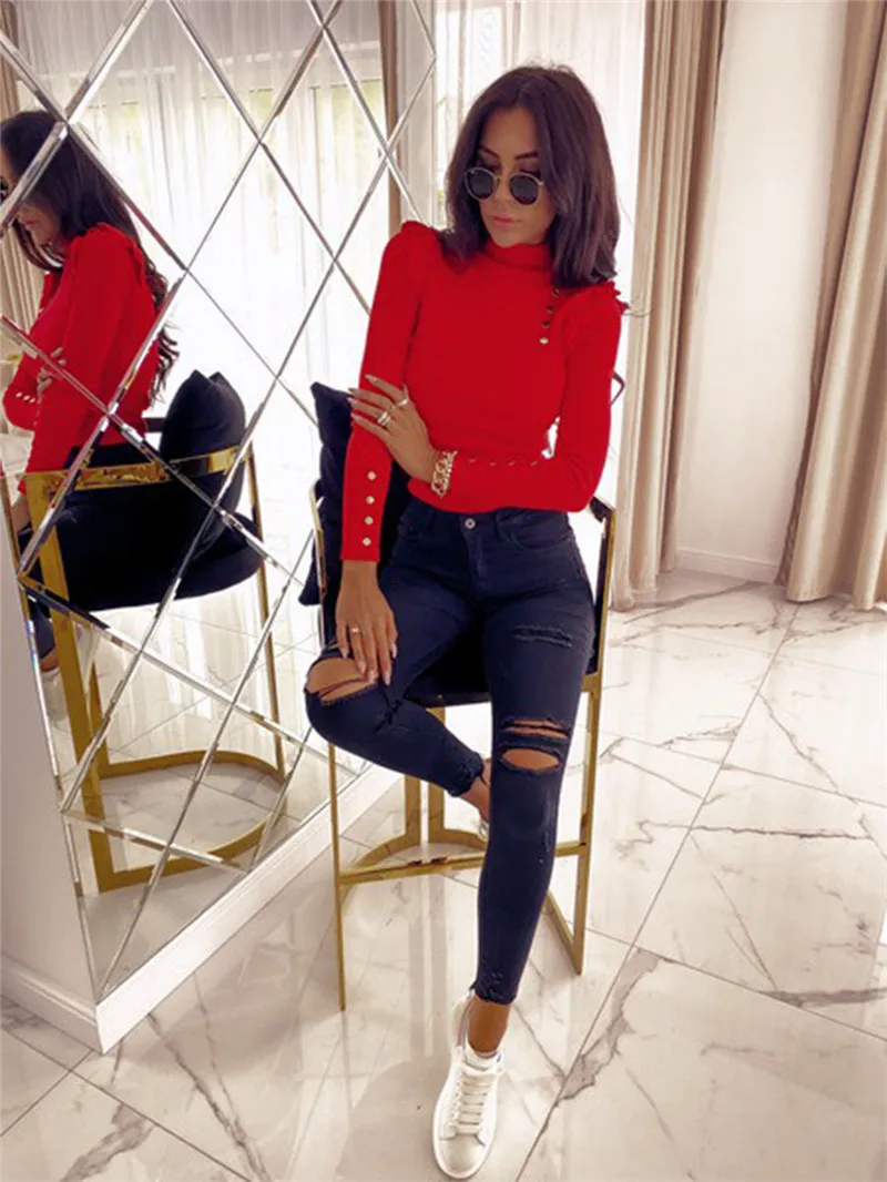 

Office Lady Elegant Tops Solid Color Slim Turtleneck Womens Sweater Long Sleeve Patchwork Button Decoration Female Pullover