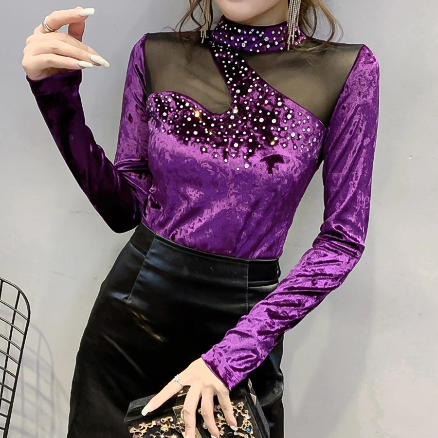 Осень зима 2019 новый дизайн Корейская рубашка с длинным рукавом и бриллиантами