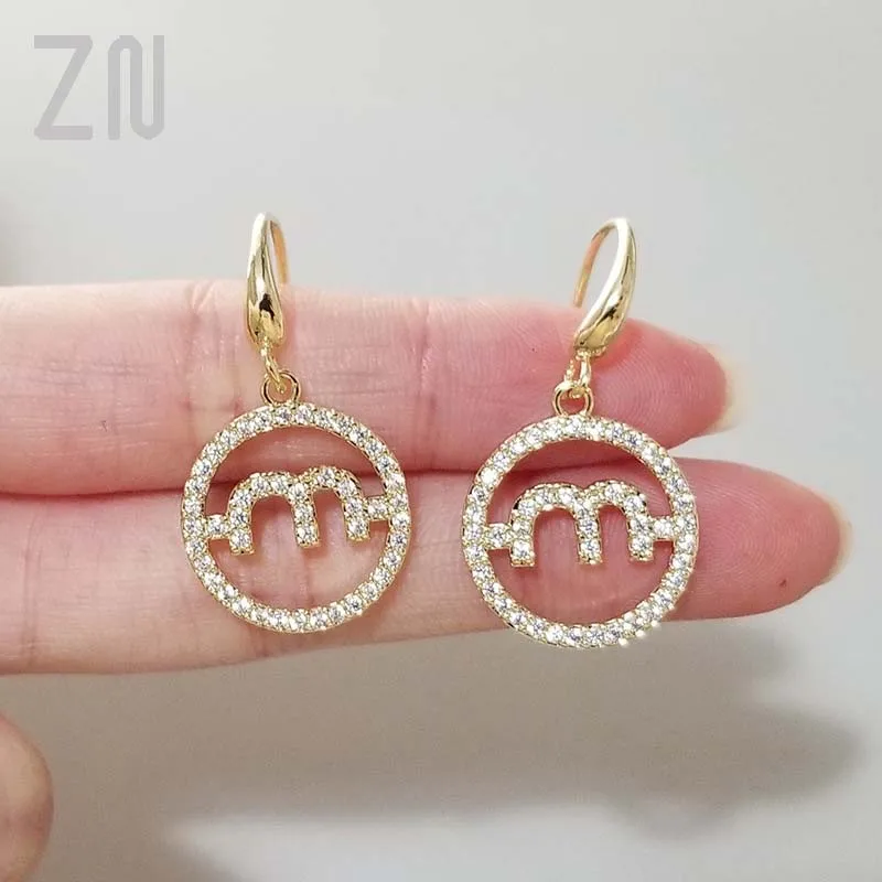 

ZN Korean Style Fashion Elegant Jewelry Gifts Earring Hooks Trendy Charms Letter M Cubic Zirconia Drop Earrings for Women