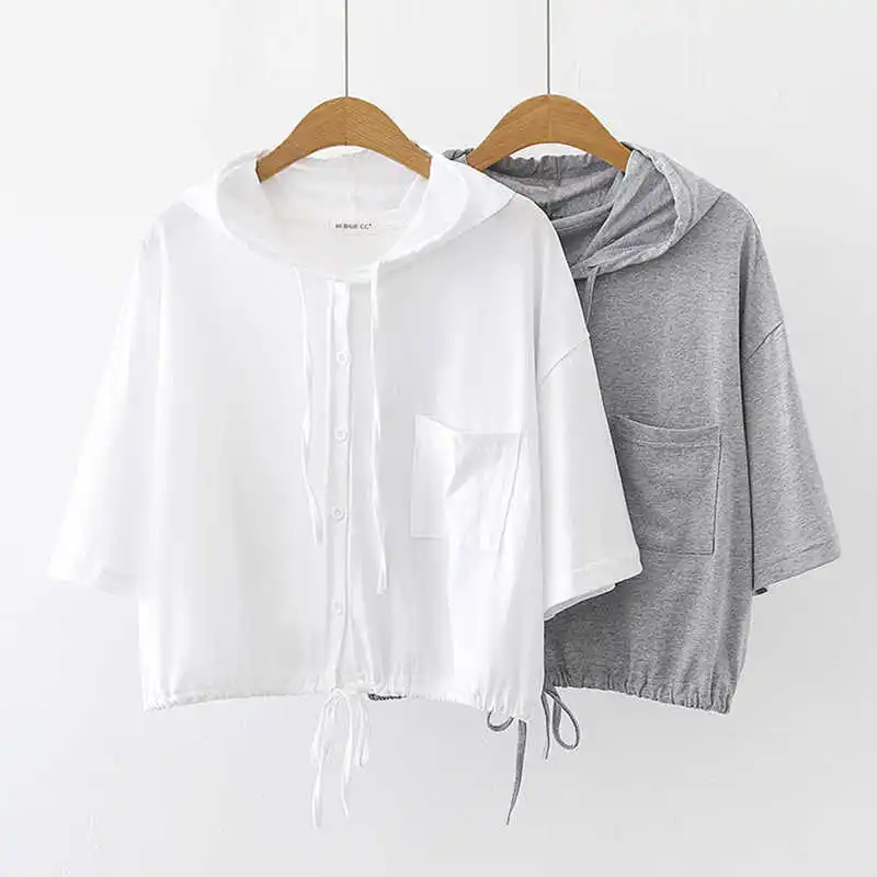 

Женская однобортная блузка с коротким рукавом, Повседневная Свободная Однотонная рубашка с капюшоном, в Корейском стиле, лето 2021