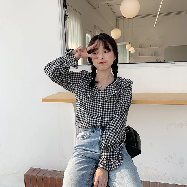 

Sweet Style Plaid Blouse Women Ruffled Tops Single-breasted Flare Sleeve Loose Shirts Spring Autumn New Korean Fashion Clothing