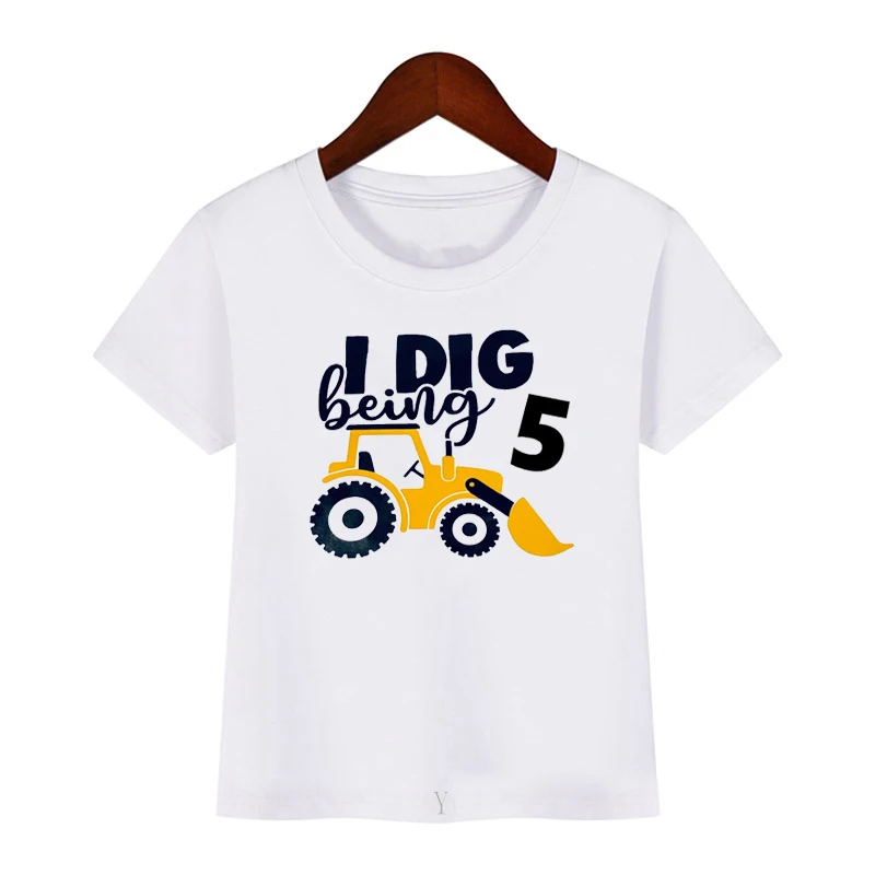 

Children's Clothing New White T-shirt Boy Toy Excavator Pattern Printing Baby Summer Tops Children's Fun Birthday Gift Tee Shirt