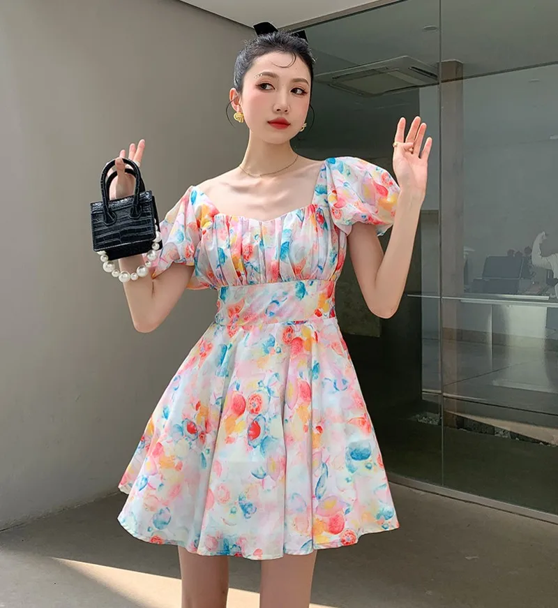 

2021 Summer New Sweet Puff Short Sleeve High Waist Dress Women Square collar Backless Rainbow Print Pleated Mini Dress Female