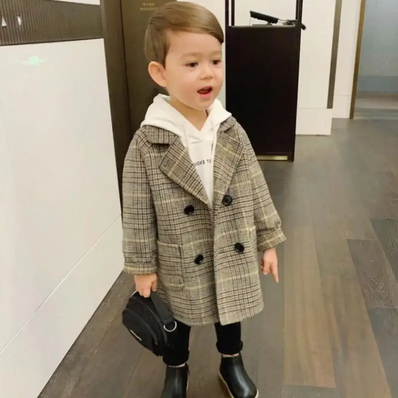 

Children Winter Grid Jackets Boys Girls Woolen Windbreaker Baby Boy Trench Coat Lapel Autumn Kids Outerwear Coats Wool Coat