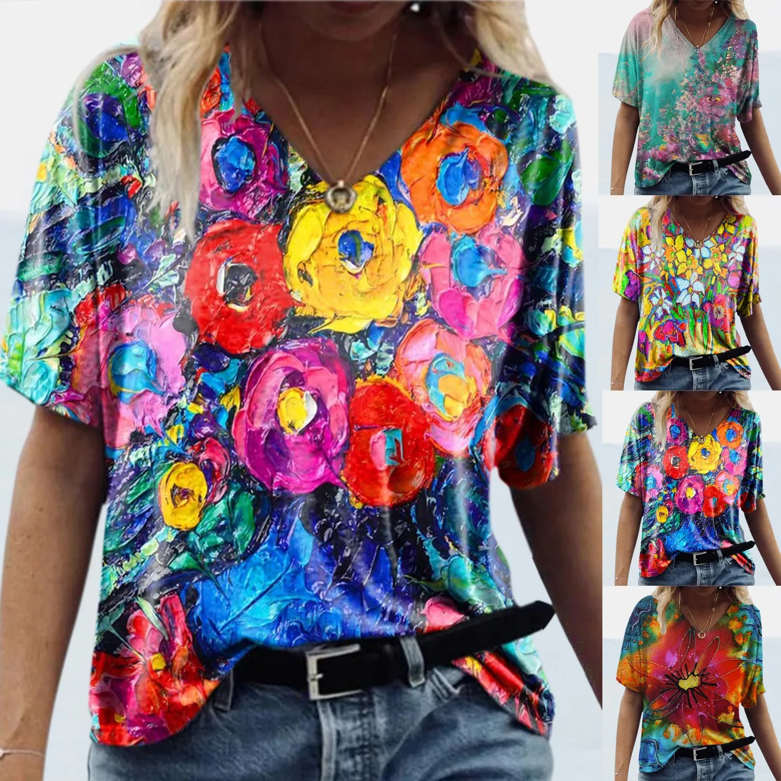 

Summer Blouses y2k Top Women Floral Landscape Painting Art Print V-Neck Short-Sleeved Blouses Casual Plus Size Clothes Blouses