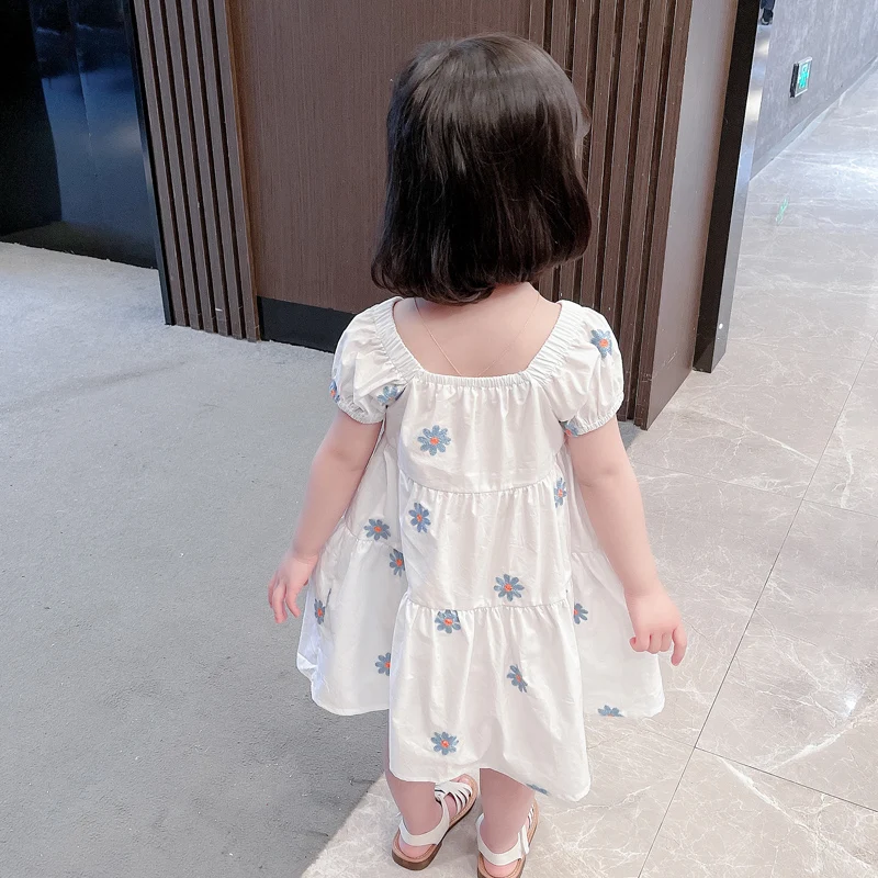 

Summer 2021 New Fashion Baby girls short sleeve Dress Square Collar casual kids little Girls Embroidery Floral Dresses