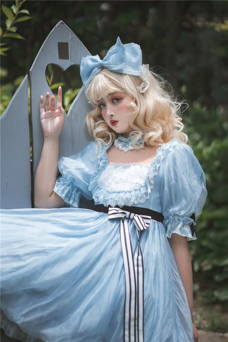 

Blue bubble Sweet Lolita Flower Bud Bowknot Dress op Short-sleeved Lolita Daily Kawaii Vintage Women Party Dresses