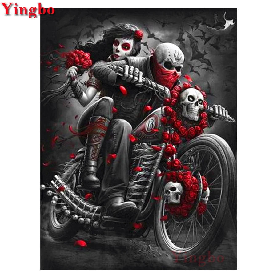 Стразы 5D алмазная картина Мотоцикл Череп пара полный квадратный Круглый Алмаз