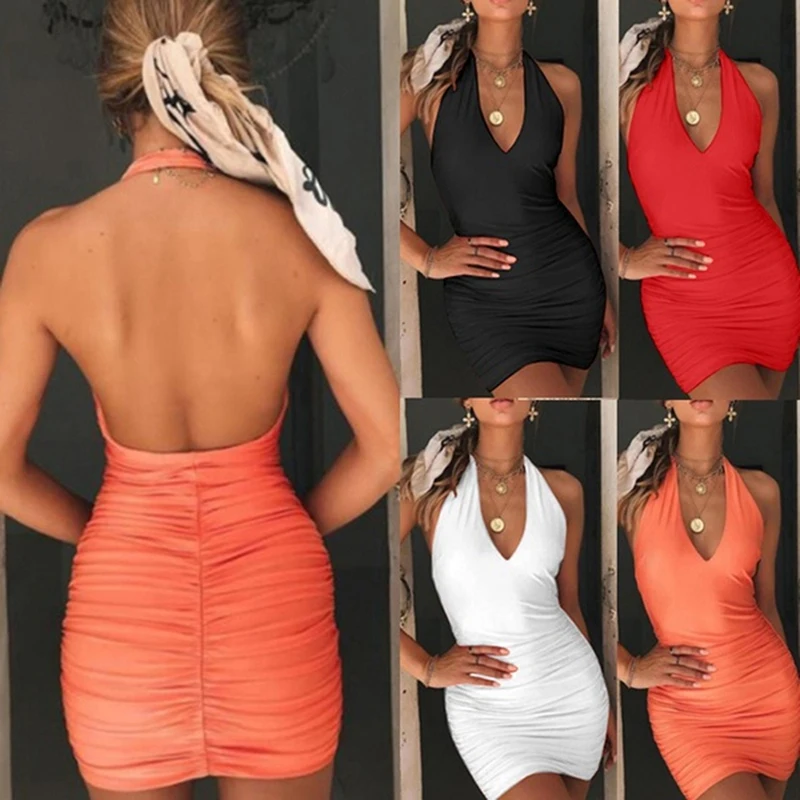 

GAOKE Sexy V Neck Womens Summer Backless High Draped Slim Bandage Bodycon Evening Party Short Mini Dress