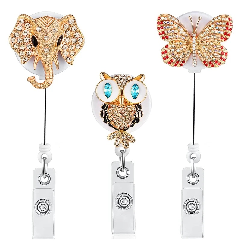 

3 Pieces Rhinestone Badge Reels Retractable Name Tag Badge Holders with Alligator Clip (Elephant, Butterfly, Owl)