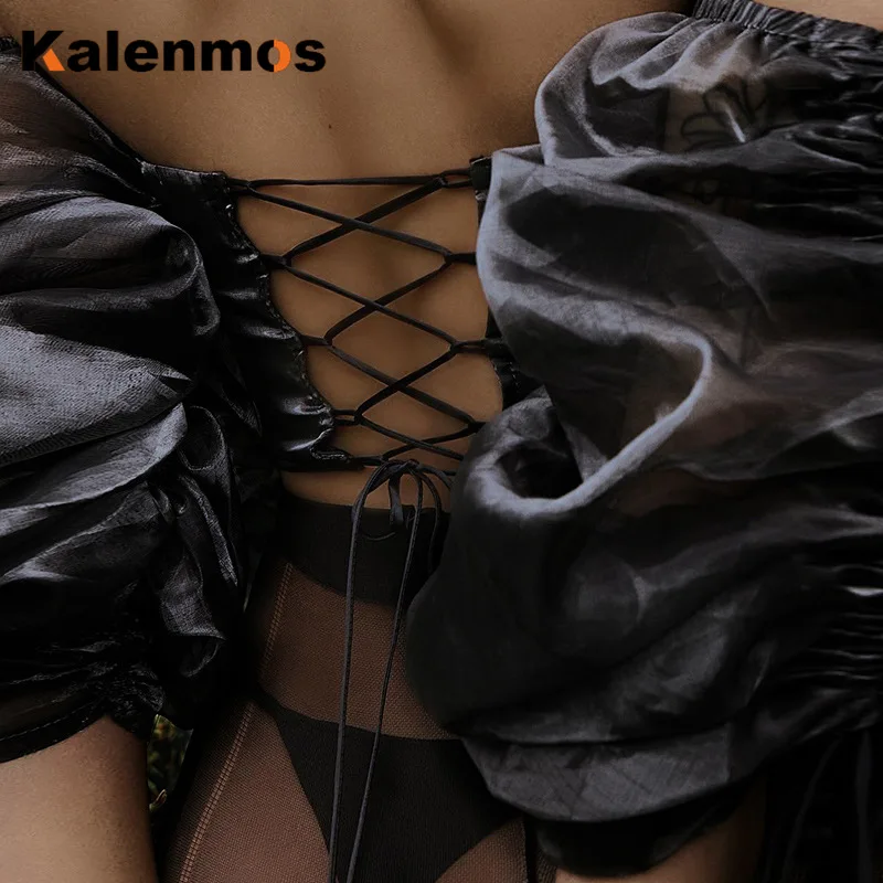 Женский укороченный топ с вырезом лодочкой и пышными рукавами без бретелек