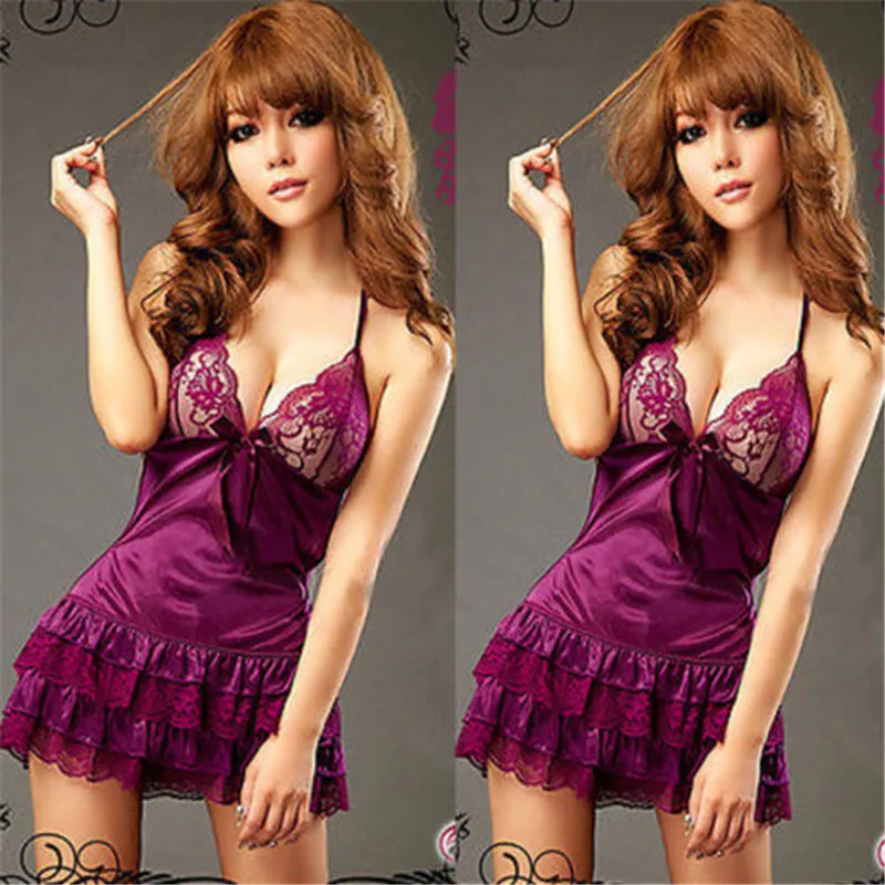 Women Sexy Lingerie Black Purple Lace Dress Halter G-string Underwear Babydoll Sleepwear Sets